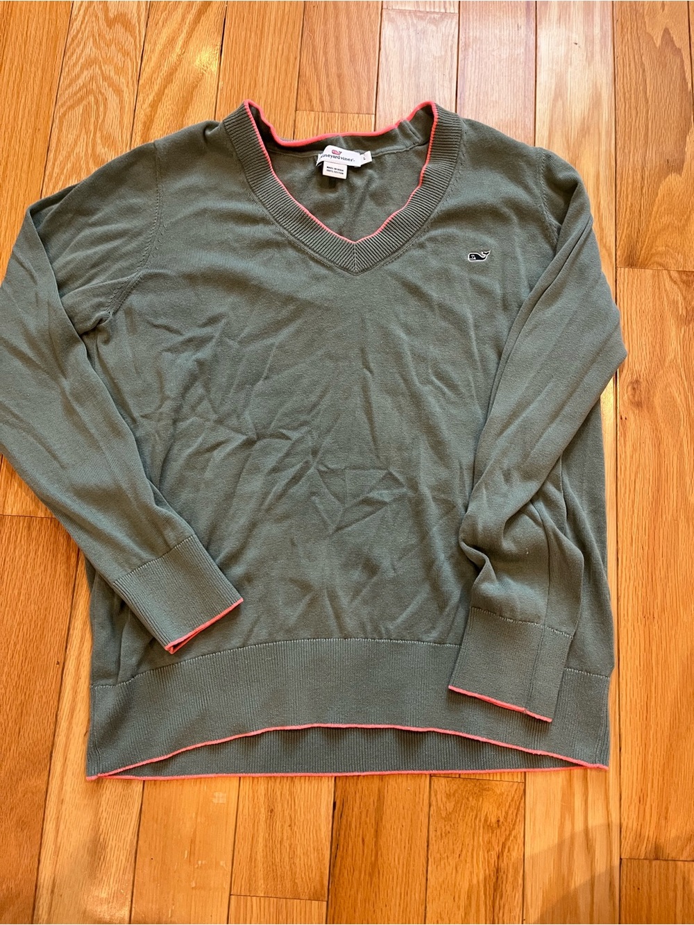 Vineyard Vines Olive Green V-Neck Sweater with Pink Trim